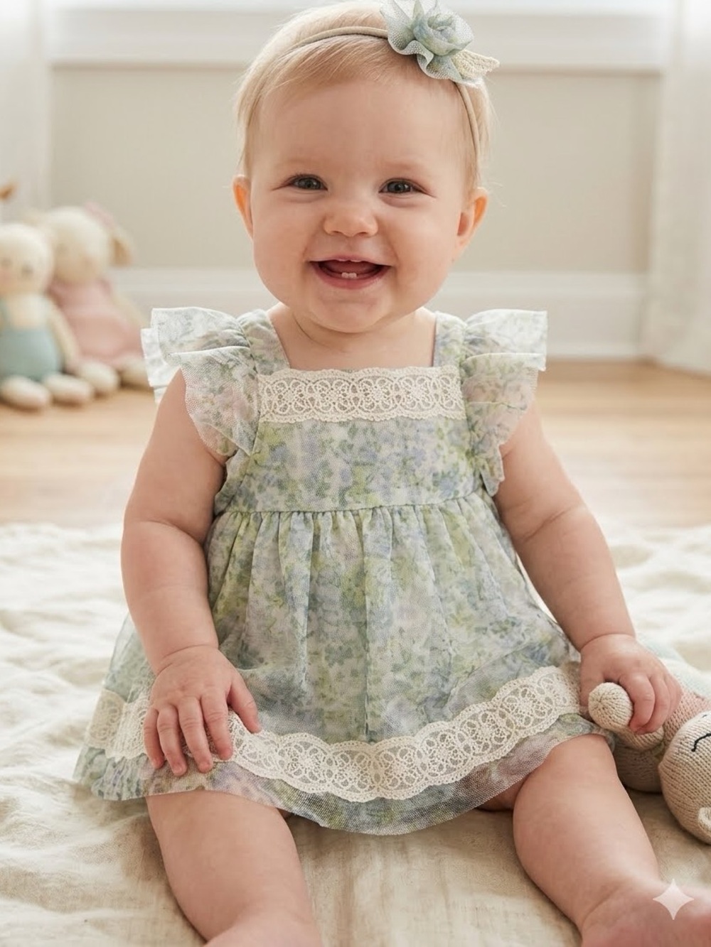 Catherine Malandrino Floral Lace Trim Baby Dress , 3-6 months